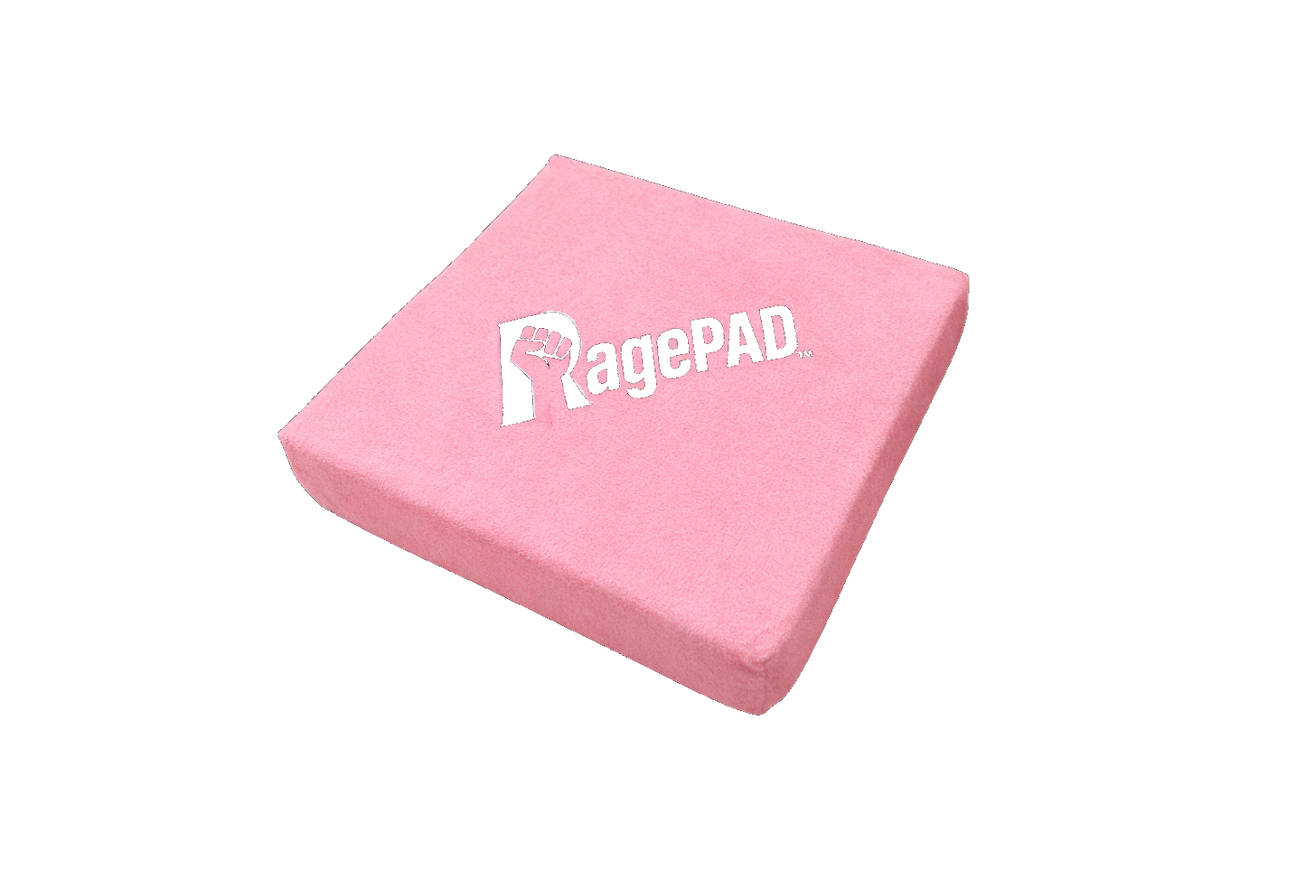 Pink RagePAD stress relief pad for gamers, soft square cushion on black background