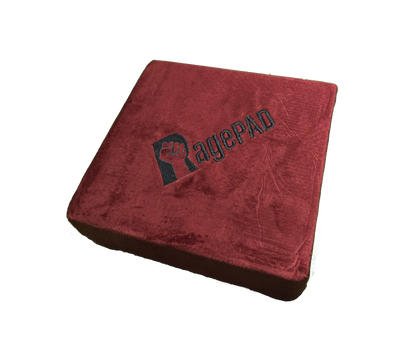 Red soft square RagePAD stress relief cushion with embroidered fist logo