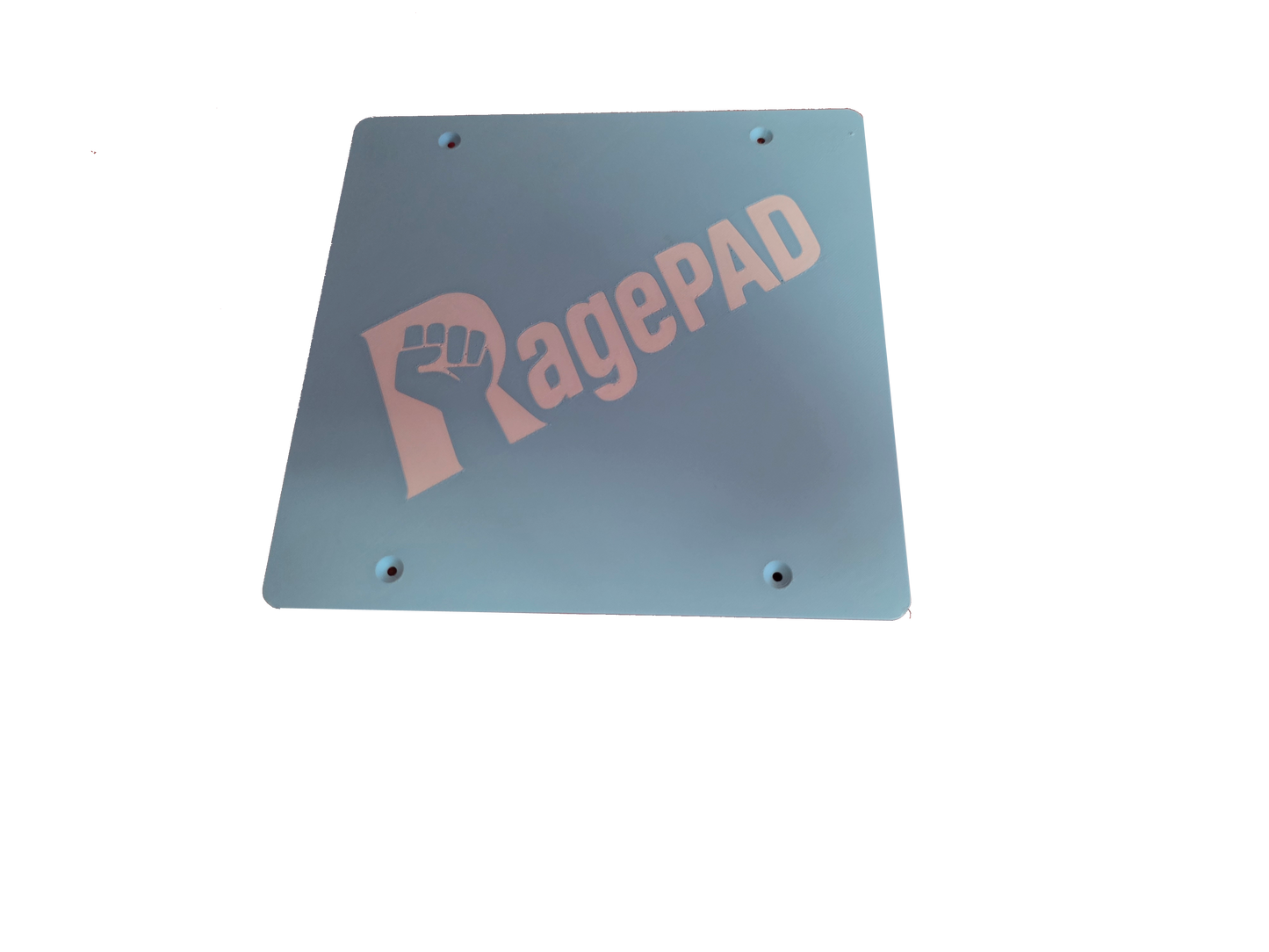 Blue square RagePAD gaming pad with fist logo and mounting holes