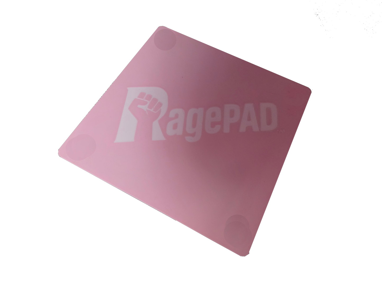 Pink RagePAD anti-stress gaming pad with fist logo on black background