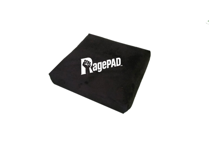 Black RagePAD gaming rage pad with white logo, soft surface, isolated on black background
